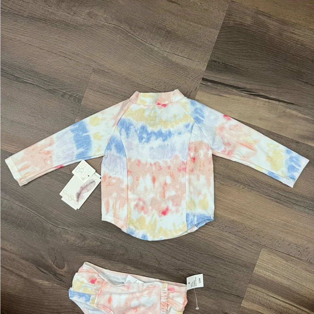 NWT Jessica Simpson Toddler Tie-Dye Two Piece Swimsuit Long Sleeve Rashguard 12m
